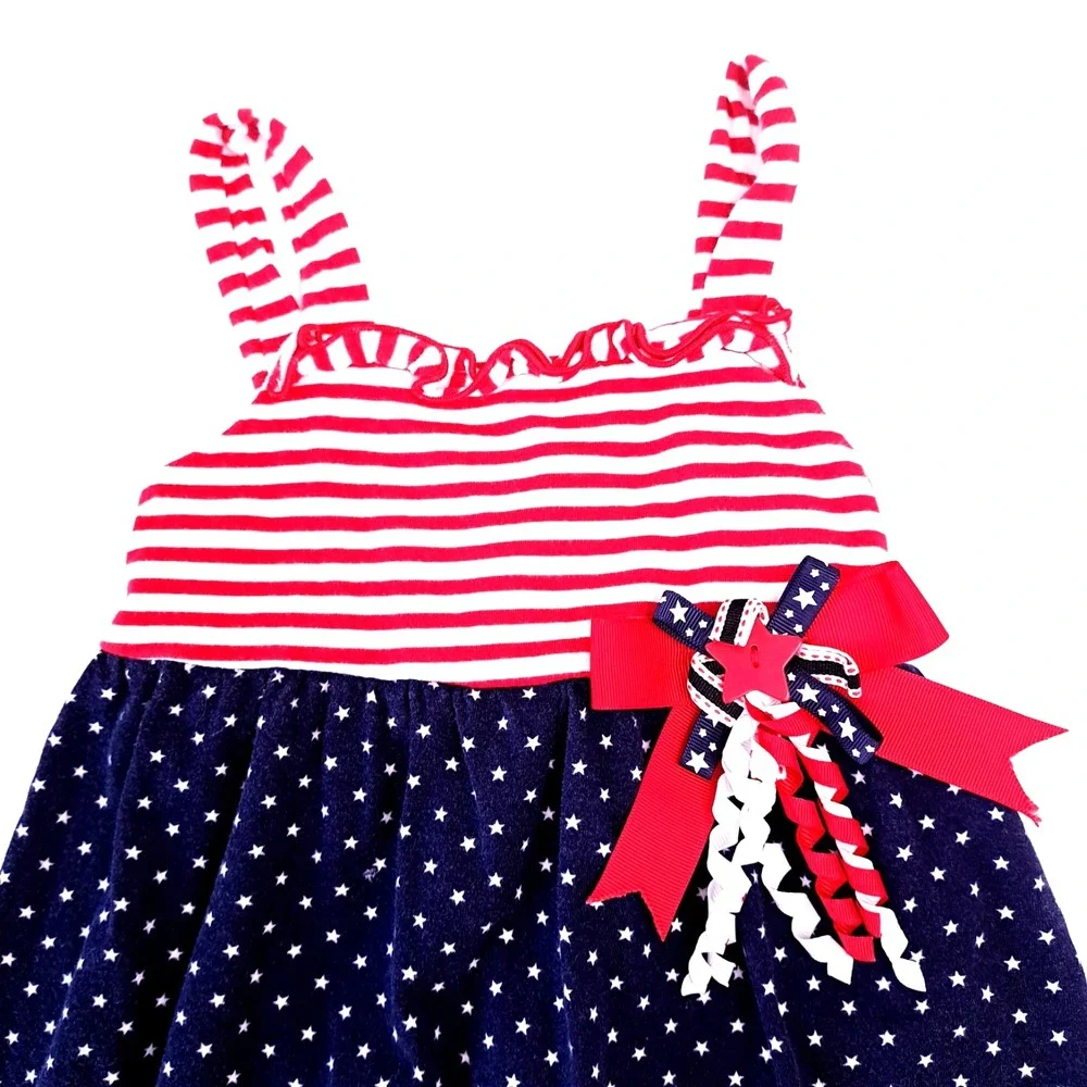 Toddler Girls July 4th Red White Blue Dress‎ Ribbons No Tags 20